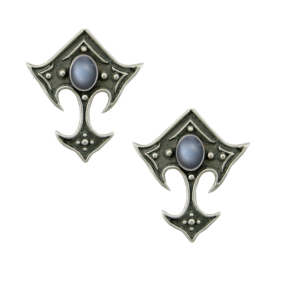 Sterling Silver Gothic Inspired Designer Drop Dangle Earrings With Grey Moonstone